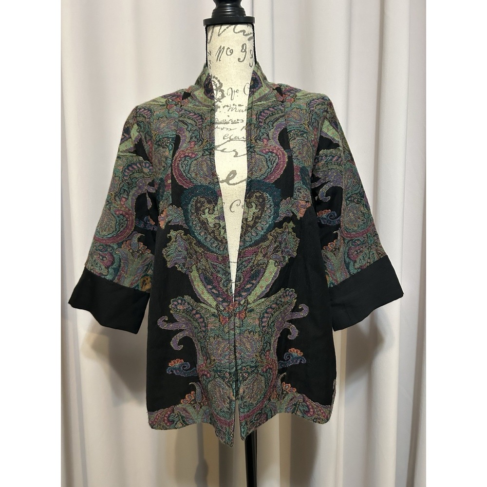 SOFT SURROUNDINGS Paisley Tapestry Open Jacket Women's S Black Brocade Artsy